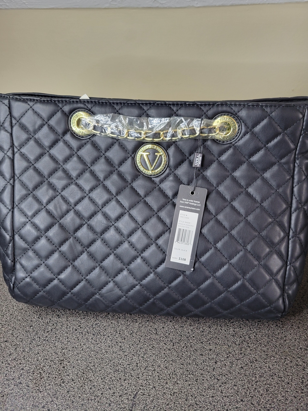 Quilted Black Tote with Gold Chain Handles